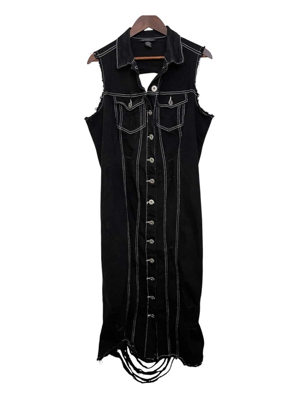 Ashley Stewart Jeans Duster Vest 14/16 Black Distressed Denim Button Down - Picture 6 of 13